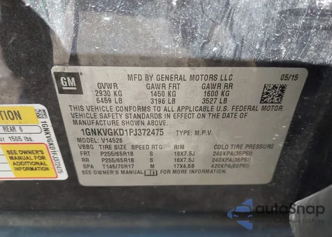 2015 Chevrolet Traverse 1Lt z USA, uszkodzony, nr VIN 1GNKVGKD1FJ372475